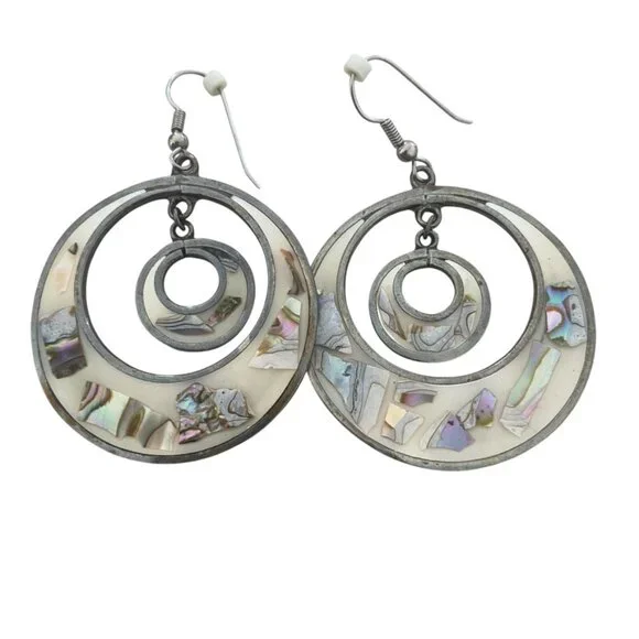 Taxco Alpaca Drop earrings Enamel Abalone chips Round geometric Mexico  VTG - Picture 5 of 6